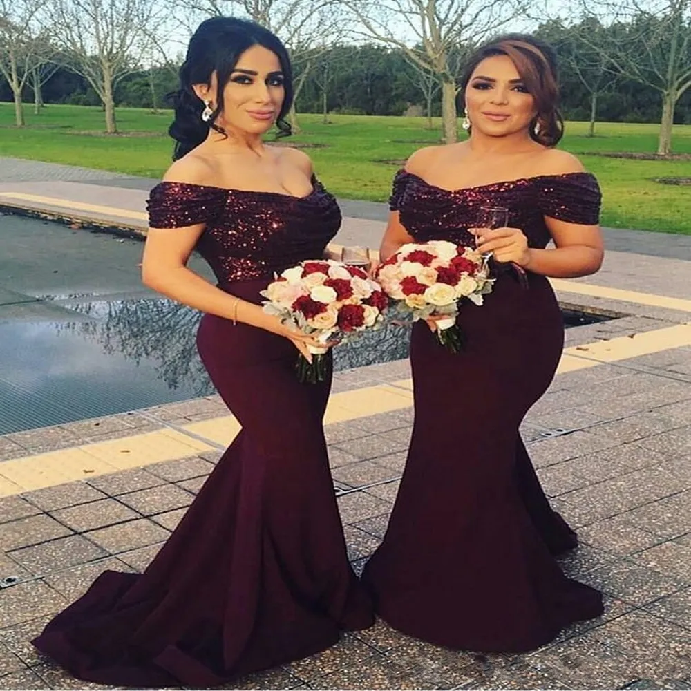 Promotion Burgundy Mermaid Long Bridesmaid Dresses Sequined Wedding Guest Dresses Plus Size Maid of Honor Gowns