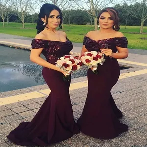 Vestidos de dama de Honor largos de sirena burdeos, vestidos de invitados de boda con lentejuelas, vestidos de dama de Honor de talla grande