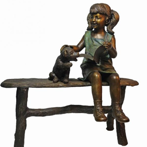 2015 jardín de esculturas de tamaño natural estatua de bronce de la muchacha en el banco con el perro - Product Image 1