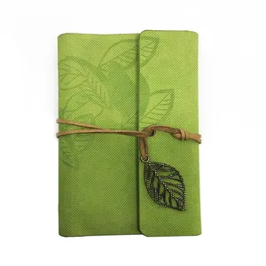 Custom Vintage Leaf Decor Faux Cow Leather Spiral Page Notebook Creative Pocket Travel Journal Book