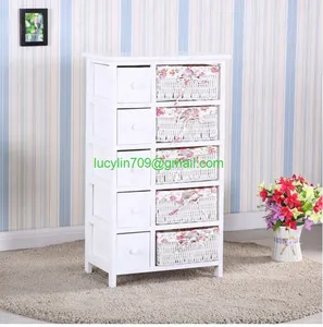 Phòng Ngủ Lưu Trữ Dresser Ngực 5 Ngăn Kéo W/ Wicker Giỏ Nội Thất Gỗ