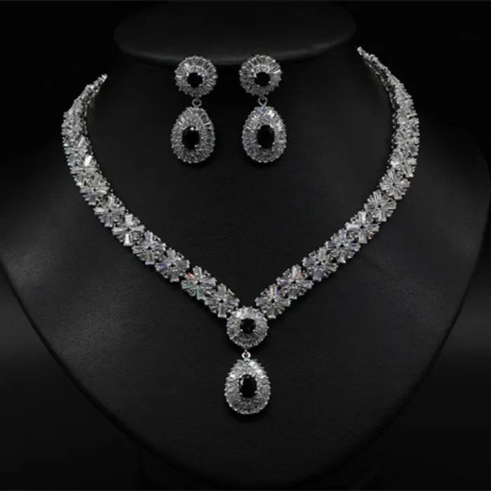 High quality real dubai gold , white gold plated cubic zircon copper jewelry set wedding bridal necklace earring set