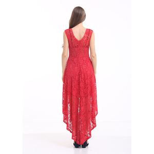 YILEYA Produce estate di alta qualità corti abiti senza maniche + profondo girocollo abiti di pizzo di colore rosso - Product Image 4