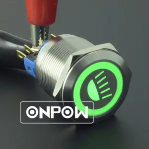 ONPOW-Botón de acero con símbolo iluminado personalizado, botón a prueba de agua, 2,5 V, 5V, 12V, LED, botón de enganche iluminado