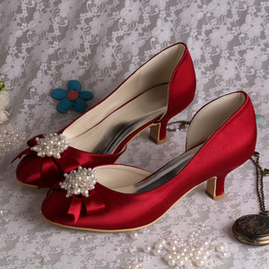 Red Type Low Heel <strong>Bridal</strong> <strong>Shoes</strong> with <strong>Bead</strong> Decoration - Product Image 6