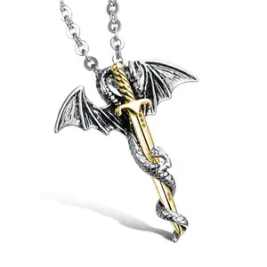 Brand New EU Dragon & Sword Design Pendant Cool Rock Stainless Steel Men Jewelry Necklace Charm Accessory GX937