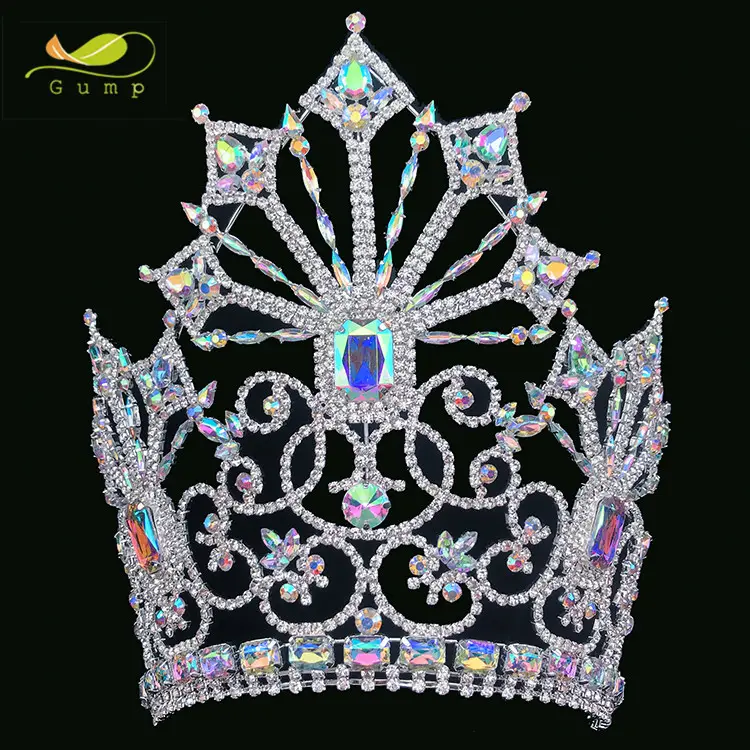 Berlian Imitasi Kontes Kecantikan Pesta AB Mahkota Besar Kristal Besar Mahkota Besar Berkontur Tiara Tinggi