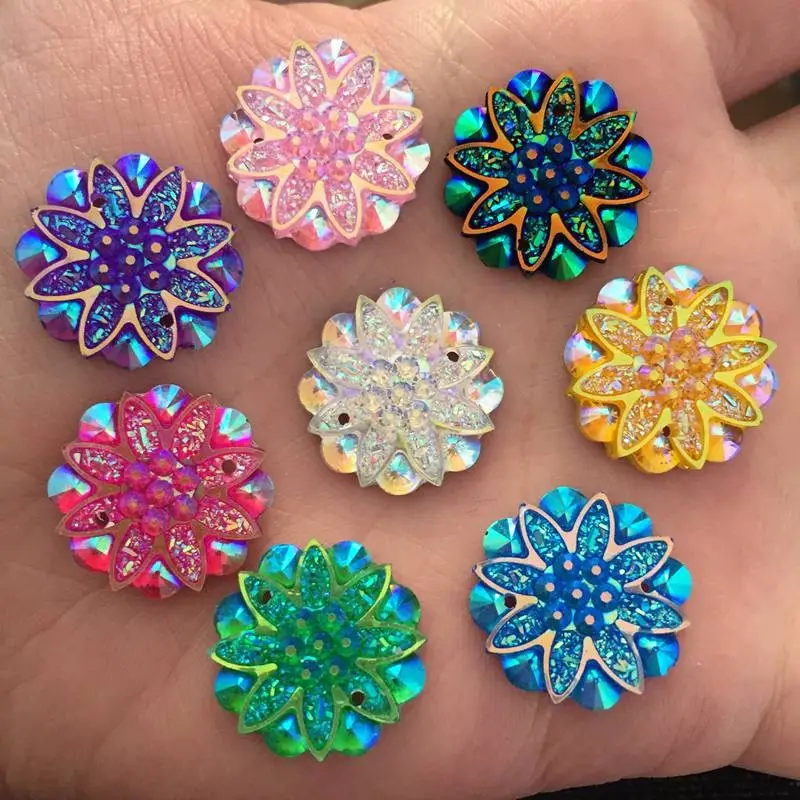 HOT 18Mm Nhựa Hoa Rhinestone Flatback Trang Trí Đám Cưới 2 Nút Lỗ