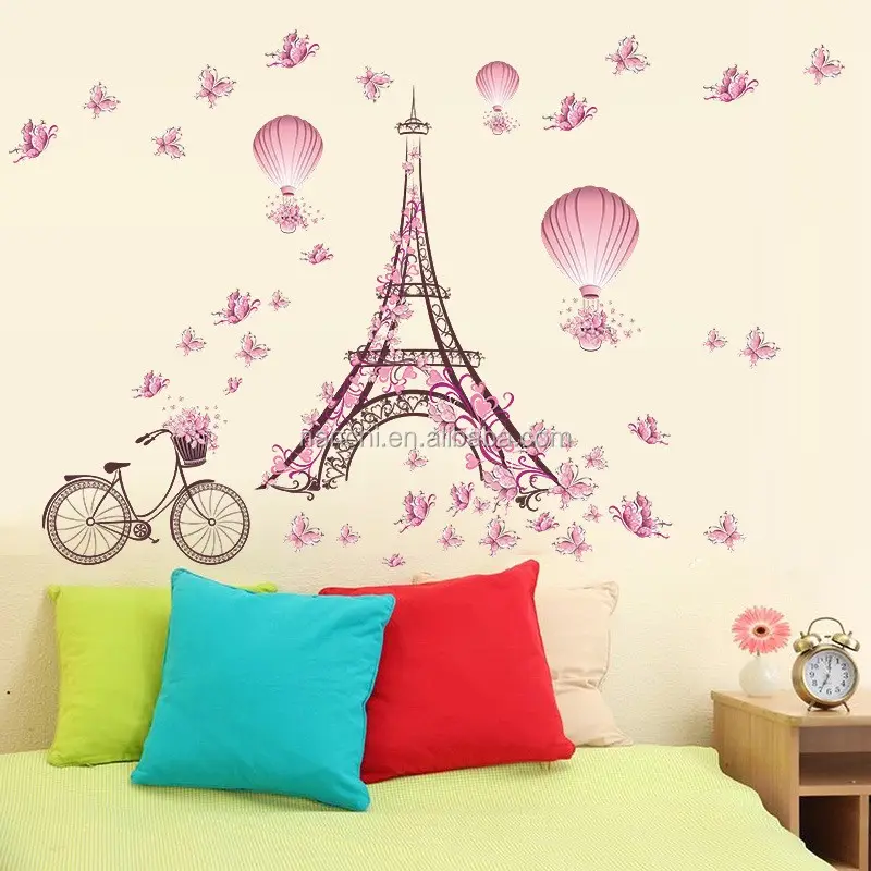 ZY074 The Eiffel Tower pink butterfly Wall Sticker for sitting room background wall stickers can be removed paper