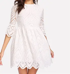 Elegant 100% Cotton Round Neck Flounce Sleeve Lace A Line dress short dress
