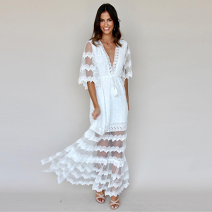 Bianco Donne Del Merletto Del Ricamo Maxi Manica Del Vestito - Product Image 2