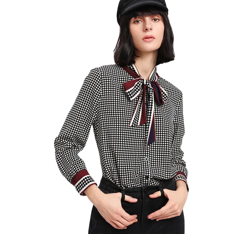 2018 Primavera Manica Lunga Stand Collare Legato Fiocco Al Collo Camicia di Plaid delle signore Elegante Polka Dot Camicetta