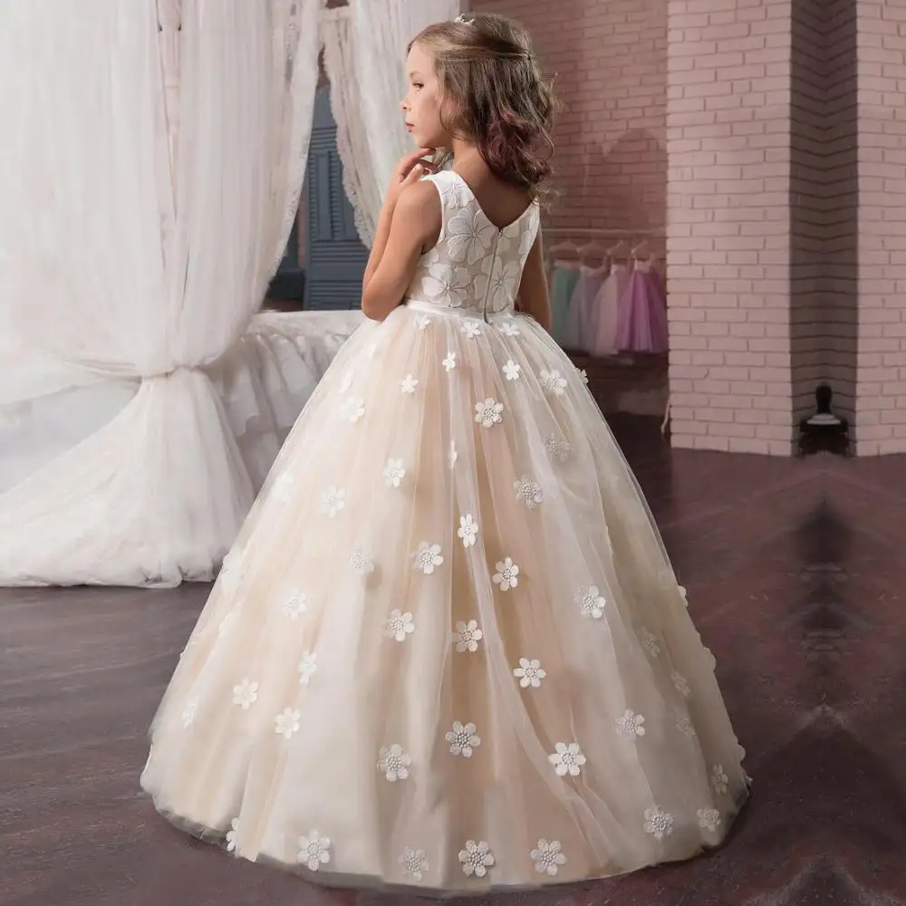 Kualitas Tinggi Leher Sendok Bunga Busur Sabuk Sapu Kereta Girl Wedding Dress WF127