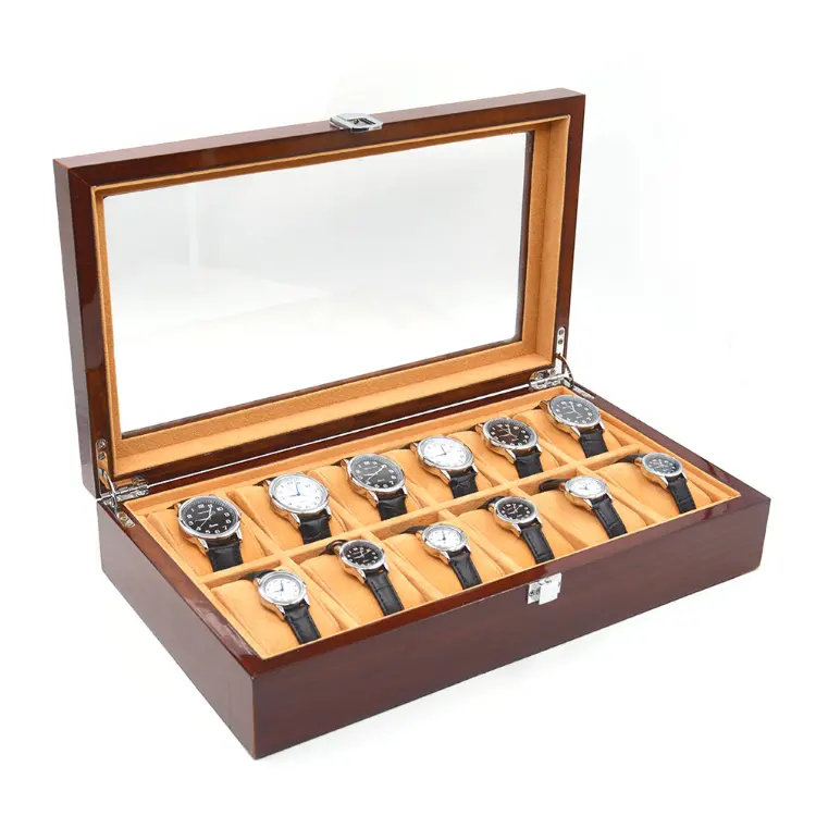 Kotak Arloji Kayu Mekanis Pria, Arloji Kulit PU Kualitas Tinggi 12 Kisi Mewah Kustom