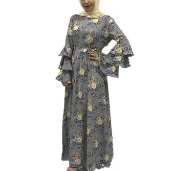 Laatste Mode Moslim Fancy Ruche Mouw bloemen Printing Dikke Crêpe Sexy Baju Kurung Indonesië Batik Kaftan Kaftan