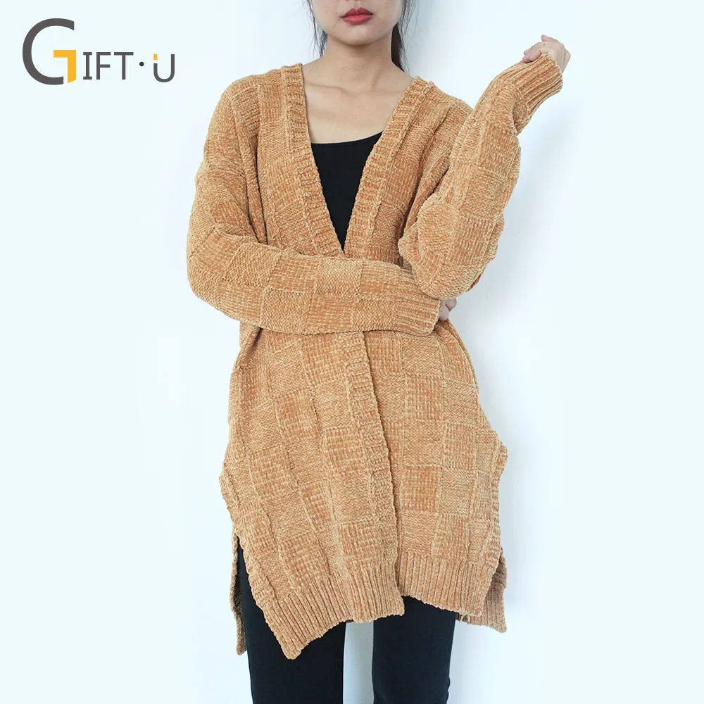 Giftu 86070# Wholesale Long Yellow Cashmere Cardigans Sweaters Women