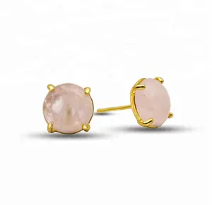 Guangzhou wholesale round diamond cut classical earring women wearing natural rose quartz single stone gold stud earrings
