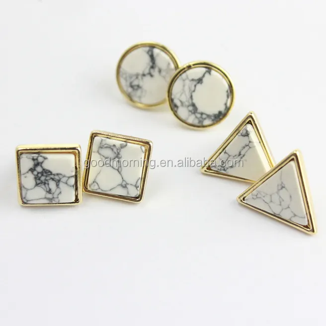 Semi-precious geometric shape marble stone stud earring
