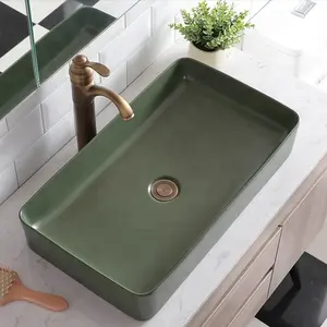 Lavabo rectangular de cerámica para baño, color verde mate, lavamanos