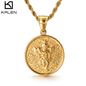 Collier KALEN de haute qualité avec pendentif rond en forme de petite personne avec couronne et ailes en acier inoxydable - Product Image 1