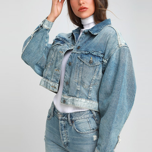 Blue <strong>Denim</strong> Washed Drop Shoulder Distressed Oversized <strong>Cropped</strong> <strong>Jacket</strong> Women - Product Image 1