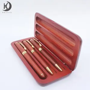 Je-30 Luxury logo custom display case wooden 3pcs pen in one set gorgeous rose wood fountain pen ball pen set