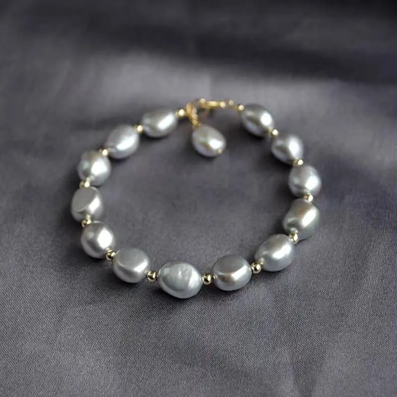 Bracelet en perles naturelles pour femme, culture, qualité AAA, eau douce, gris, baroque, argent, 8 — 9mm, qualité AAA