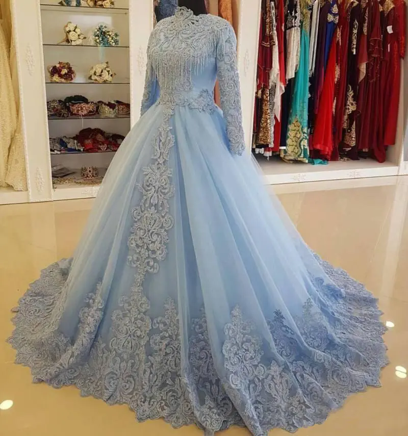 Abito da sposa musulmano con maniche lunghe in rilievo di pizzo dell'arabia saudita per abito da sposa abito da sposa blu abito da sposa africano