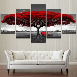 Art Abstract HD Abstract Modern Micro Spray Home Decor 5 Red Trees And Benches 5 Panel Canvas Wall Art For Bedroom