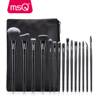 MSQ Lot de 15 pinceaux de maquillage professionnels à long manche de haute qualité, cheveux synthétiques, pinceaux anti-cernes pour le visage, cuir PU