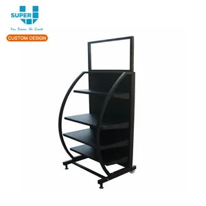 Customized Commercial Black Metal Floor Stand Shelf Supermarket Chewing Gum Display Stand with Wheels