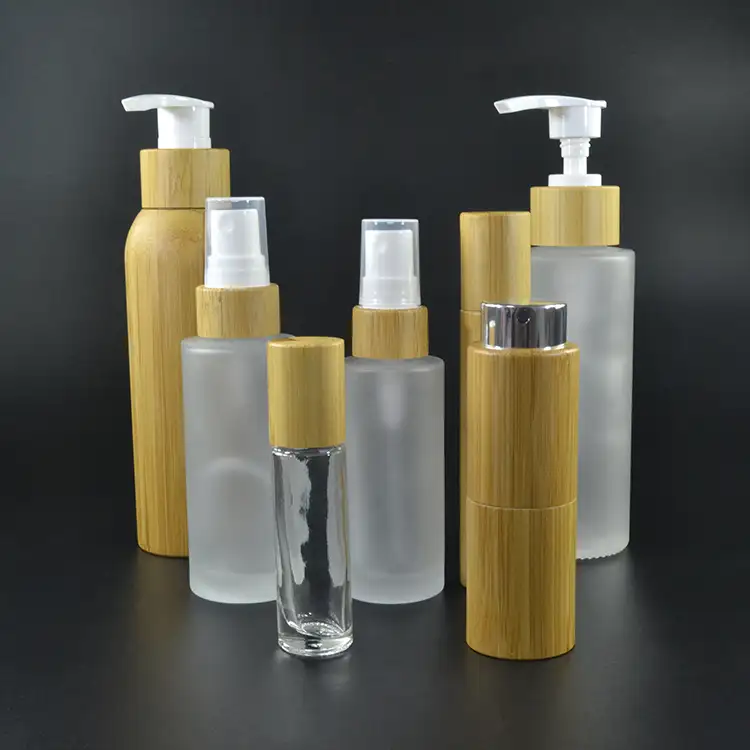 Nuovo Tutto naturale olio contagocce bottiglia di lozione pompa spray profumo roll on di vetro cosmetico Di Bambù vasetti di crema di bambù di lusso packaging cosmetico