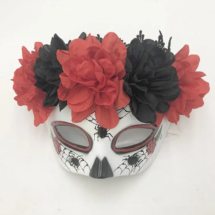 Women Halloween masquerade mask red and black flower mask with sipder Mexican Day of The Dead Sugar Skulls Eyemask Fancy Dress