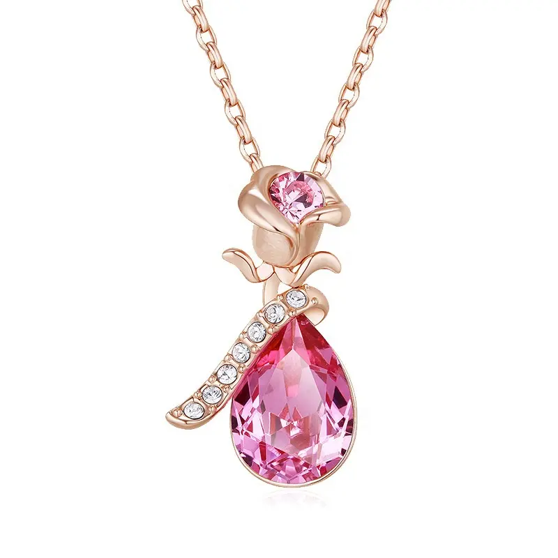 Wholesale Crystal Quartz Jewelry Floral Rose Romantic Pendant Necklace