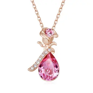 Colar de pingente romântico rosa, joias de quartzo de cristal, floral,