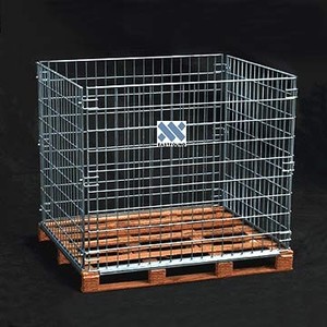 Châu Âu Có Thể Gập Lại Giỏ Thép Lưu Trữ Cage Racks Với Pallet Gỗ Dây Container Với Caster - Product Image 1
