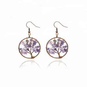 Wholesale rough amethyst gemstone wire wrap earrings women jewelry handmade nature raw stone tree of life drop earring