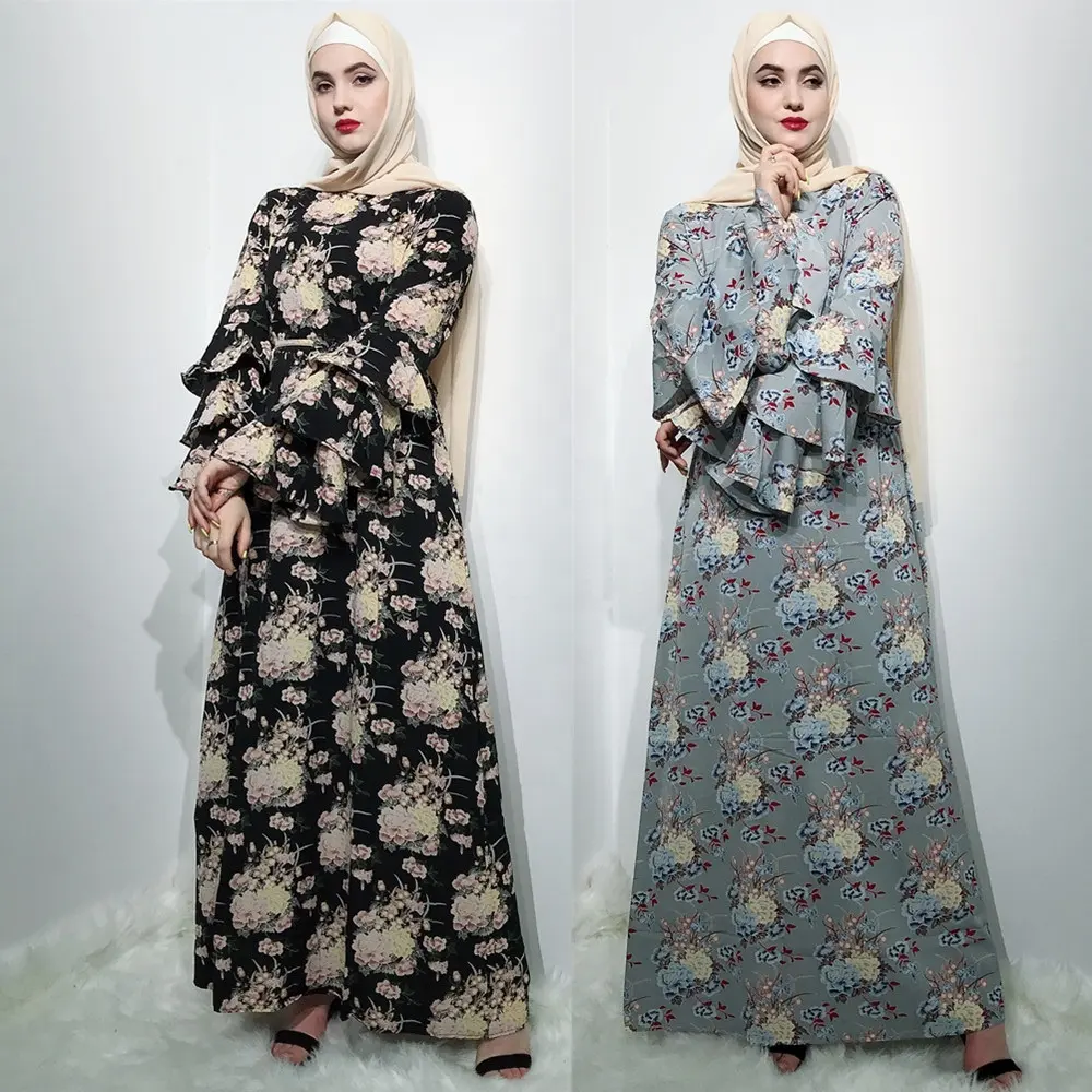 Wholesale modest fashion women dresses abaya floral long sleeve muslim maxi dresses