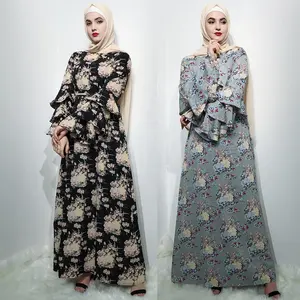 Grosir Sederhana Fashion Wanita Gaun Abaya Bunga Lengan Panjang Muslim Maxi Gaun