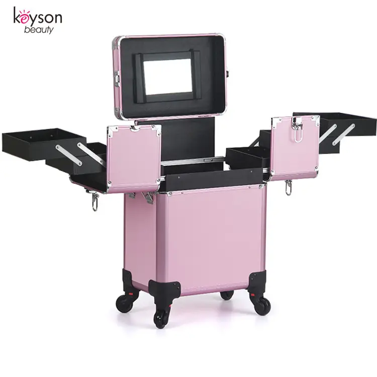 Keyson Factory Großhandel Pink Aluminium Frame Trolley Beauty Kosmetik koffer Rolling Makeup Cosmetic Train Case für Masken bildner