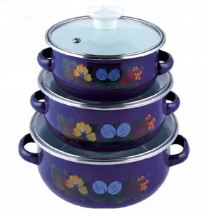 set of 3pcs enamel casserole with metal lid glass lid