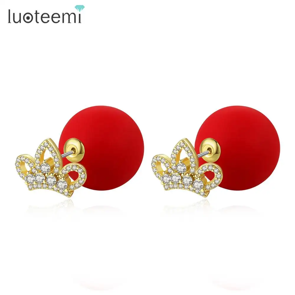 Серьги-гвоздики LUOTEEMI, модные серьги-гвоздики с фианитами и хрустальным шариком для девочек, серьги с короной и красным жемчугом из Китая