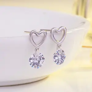 Wedding jewelry 925 sterling silver CZ love heart shaped drop earrings for girls