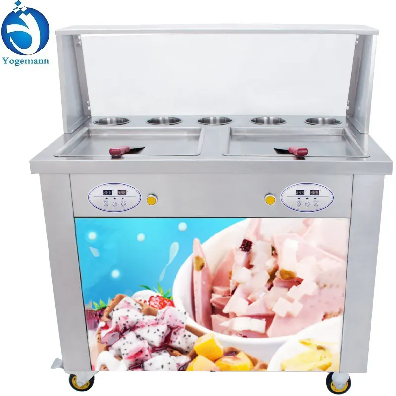 Máquina Industrial de helados de alta eficiencia, máquina móvil para hacer helados de dos Pan cuadrado, estilo tailandés