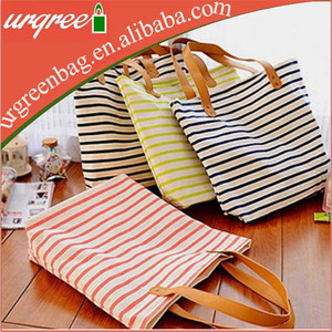 Promotional Cotton Canvas Stripe Shopping Tote Bag with Leather Handle
