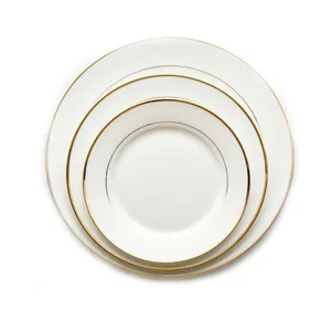 High quality ceramic dinnerware household hotel wedding party white porcelain round plates with gold rim