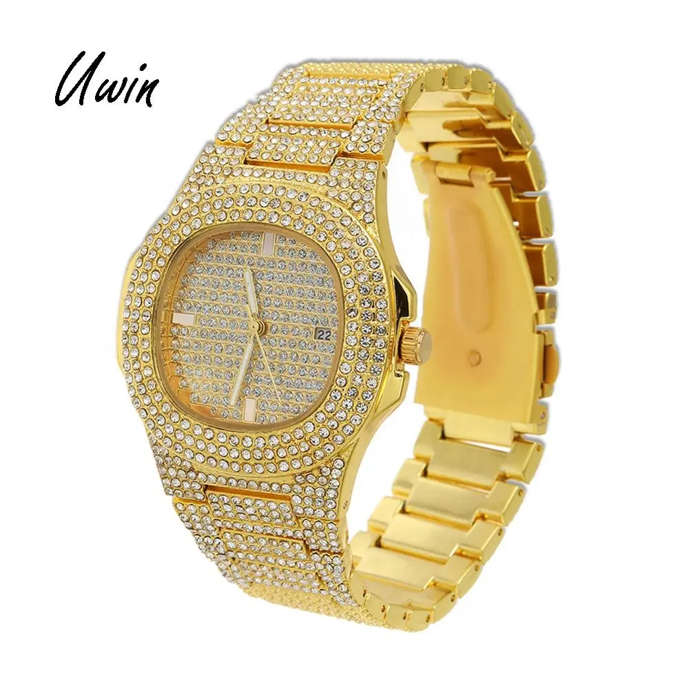 Luxury Fully Iced Out Watches Gold Wrist Quartz Watch for Men Women