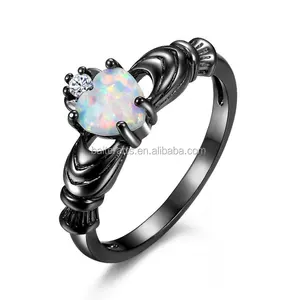 Black Rhodium Plated White Heart Fire Opal Clear CZ Ring For Women Mother's Gift Jewelry