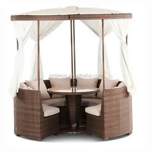 Latest Design Rattan Round Beach Chair Separable Folding Canopy Curtains Matching Coffee Table Set