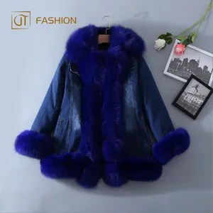 Fashion jtfur wholesale women fox fur inside denim short real fur coat